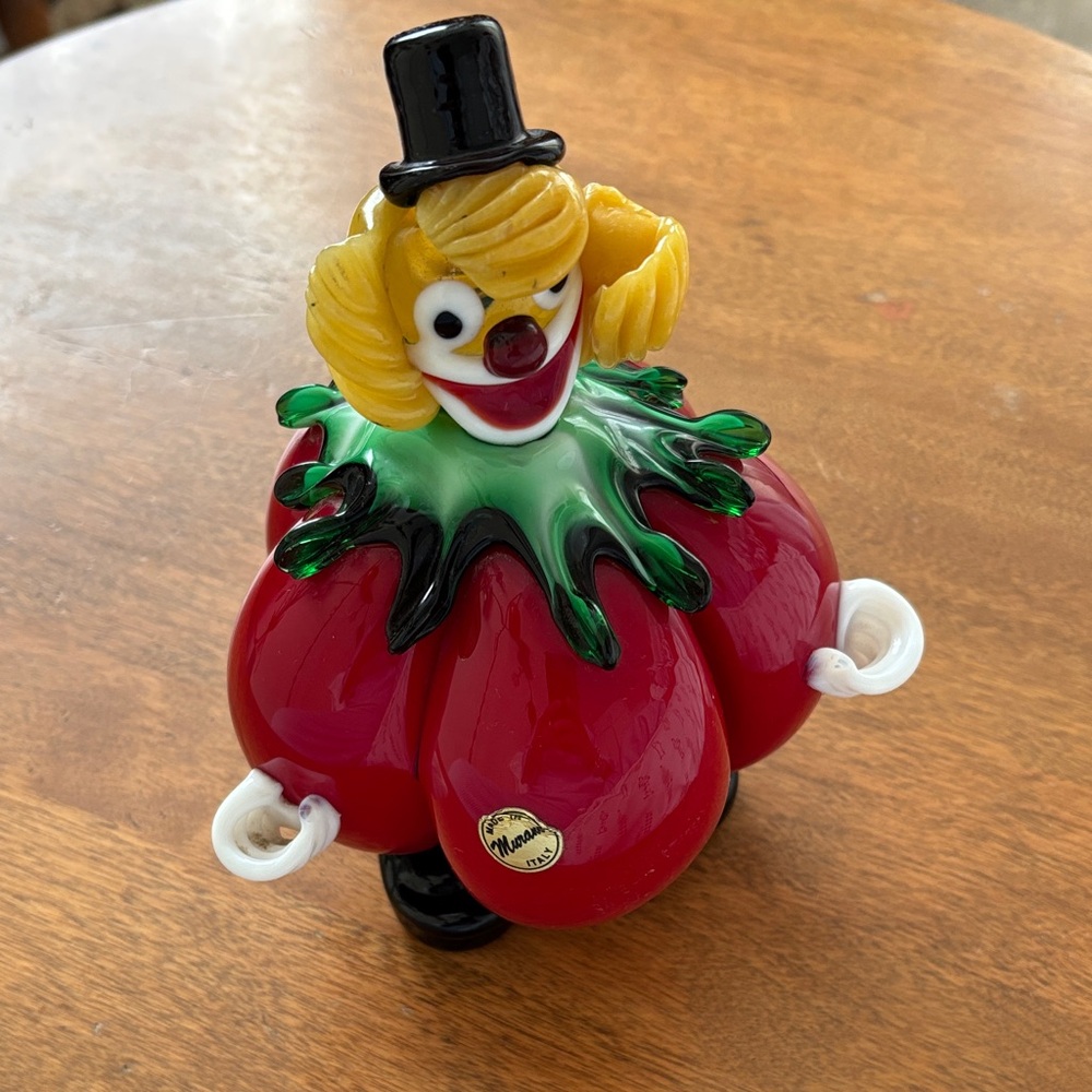 Vintage MCM. Murano Red and Green Handblown Glass Clown with Black Hat